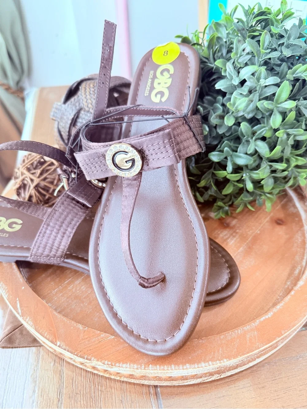 Women’s Brown T-Strap Sandals with Embellished Logo Accent